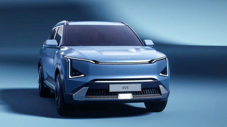 Image of the 2024 Kia EV5 Electric SUV showcased against a futuristic cityscape backdrop, highlighting its sleek design and innovative technology.