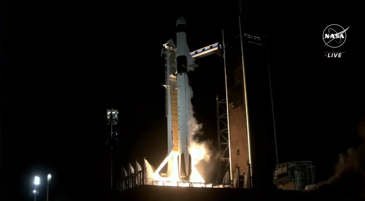 SpaceX Falcon 9 rocket launching Crew Dragon spacecraft, illustrating international collaboration in space exploration