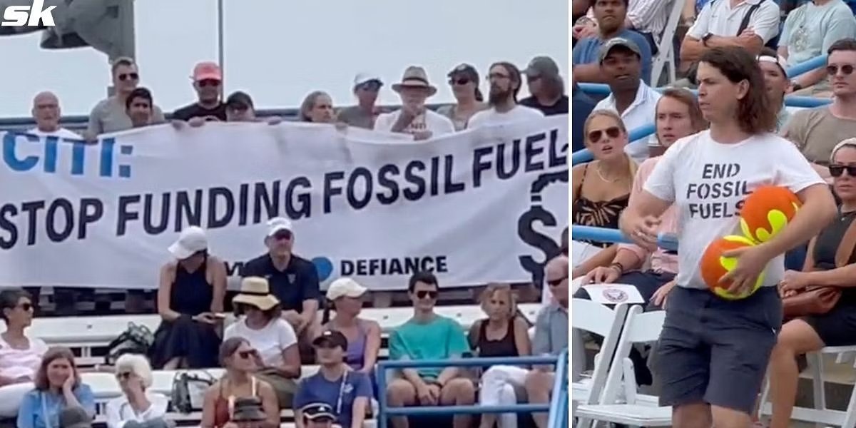 Climate change protestors raising banners during Citi Open match.