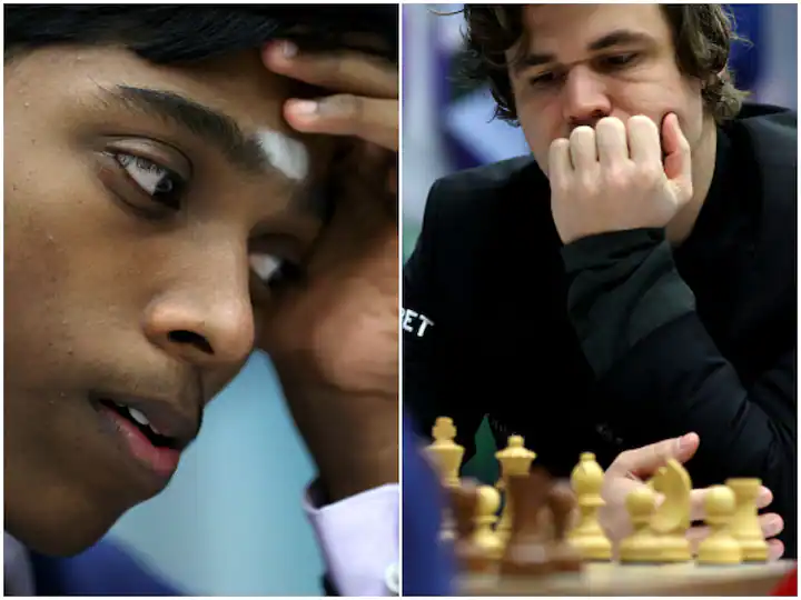 "R Praggnanandhaa vs. Magnus Carlsen - FIDE World Chess Cup Final - Two chess players contemplating their next moves on a chessboard."