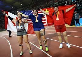 "Michelle Ealey celebrates her shot put gold at the World Athletics Championships, Eugene 2023"