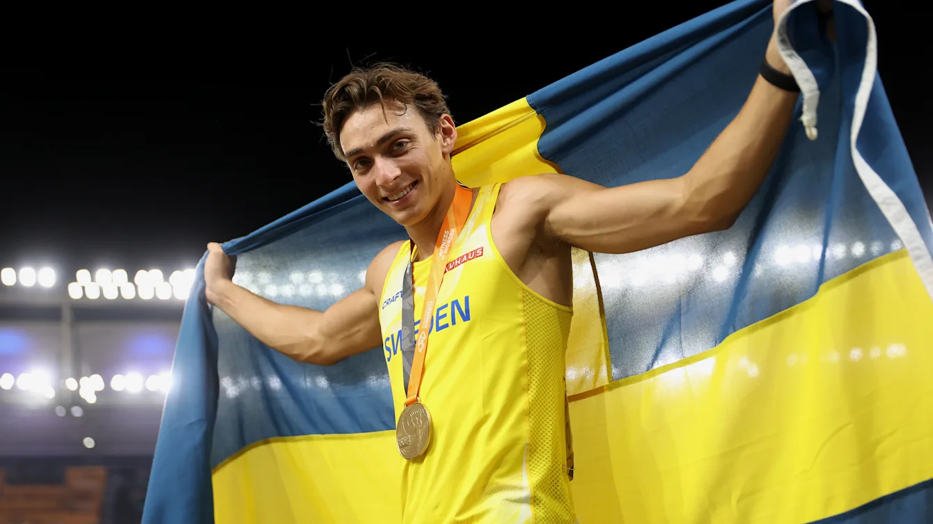 Swedish pole vaulter Mondo Duplantis celebrates victory at the 2023 World Athletics Championships in Budapest after breaking the world record