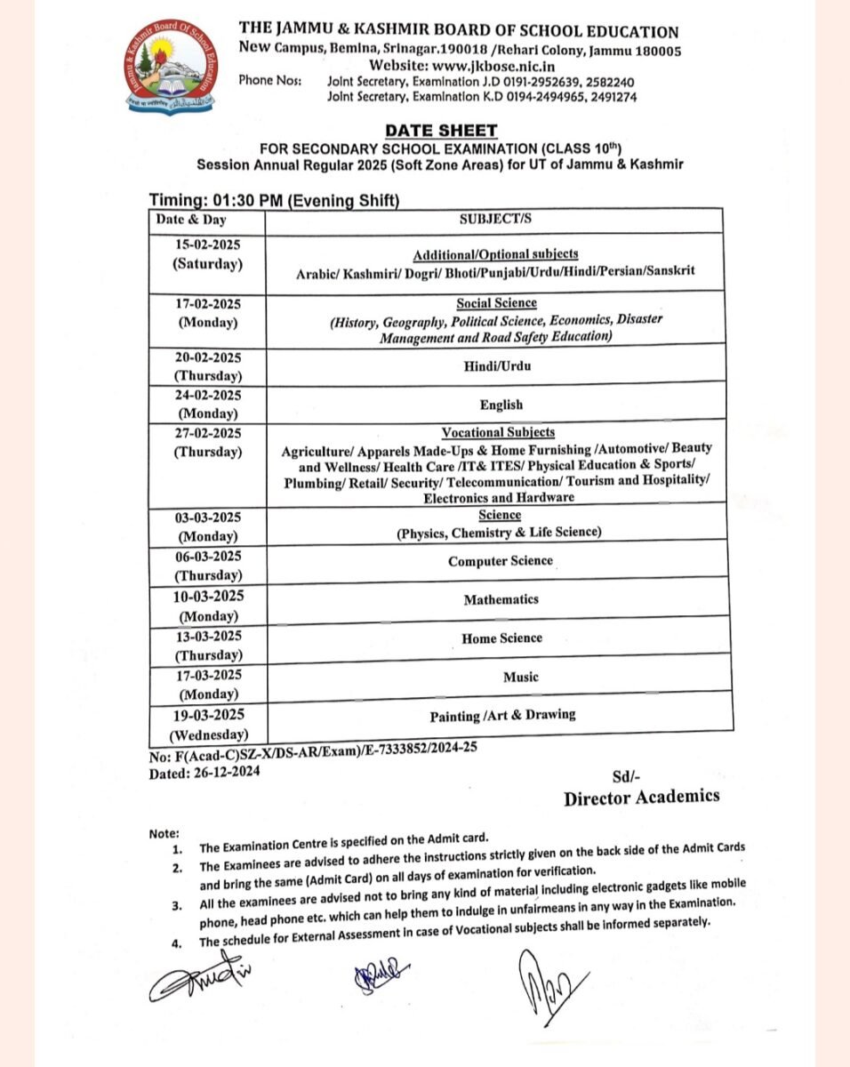 JKBOSE CLASS 10TH, 12TH DATESHEET RELEASED CHECK HERE 