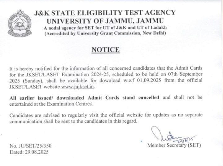 Notification regarding the issuance of Admit Cards for JKSET/LASET Examination 2024-25, scheduled on 07.09.2025 (Sunday)