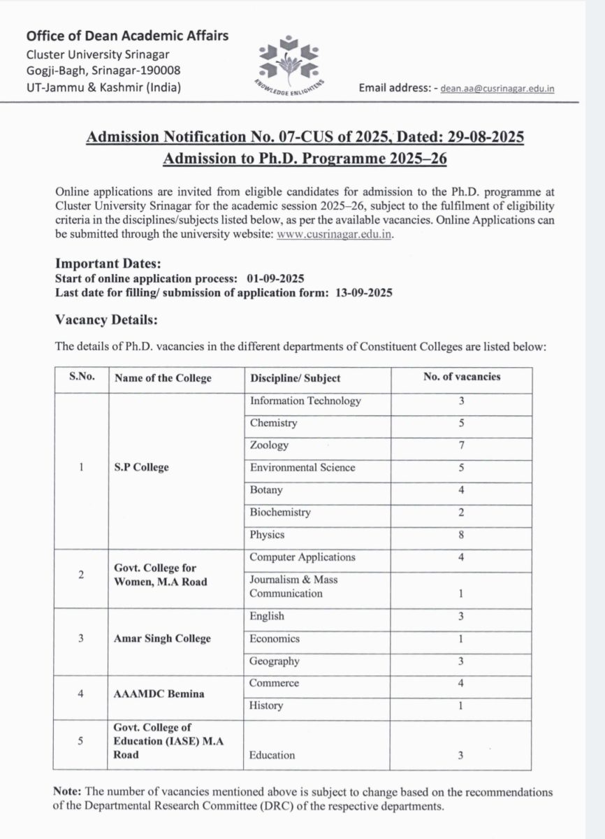 Cluster University Srinagar Admission notification released for Ph.D. in Various Disciplines check full details here 